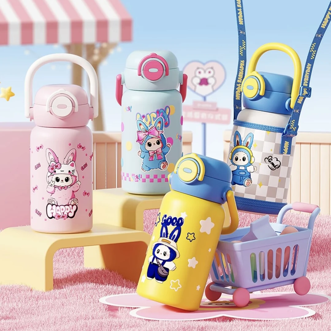 啦布布儿童双饮保温杯316不锈钢学生便携可爱吸管杯提手运动杯