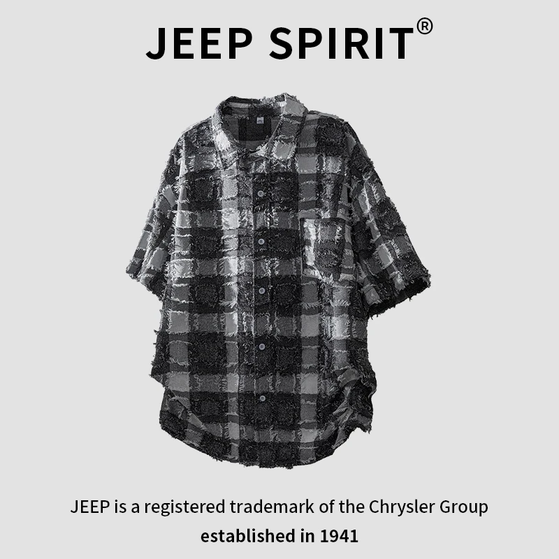JEEPSPIRIT吉普夏季休闲短袖衬衫男宽松潮流复古时尚百搭流苏衬衣