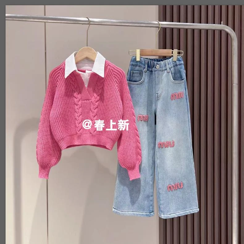 女童两件套装春秋装新款儿童毛衣女孩时髦线衫洋气牛仔阔腿裤
