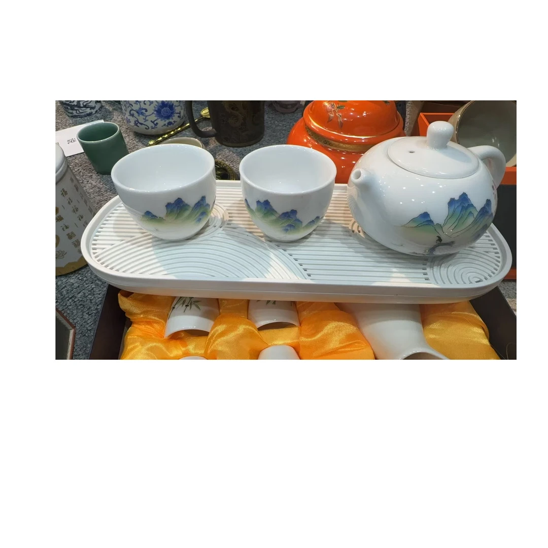 ZH2023-青绿江山西施壶一壶两杯+白色密胺盘
