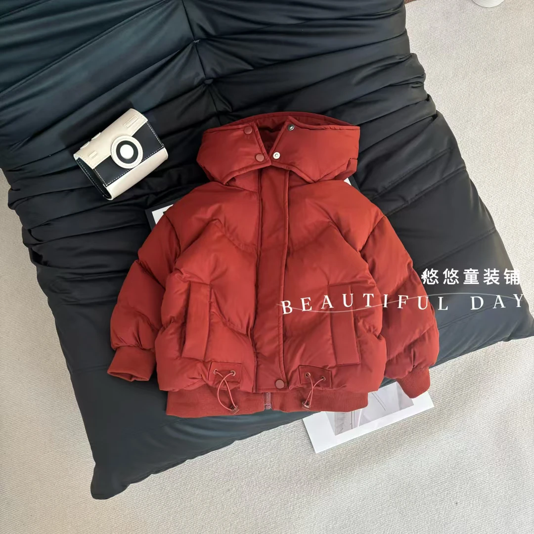 加厚款纯色冬季女童红色拜年服棉服宽松女复古百搭常规款冬季