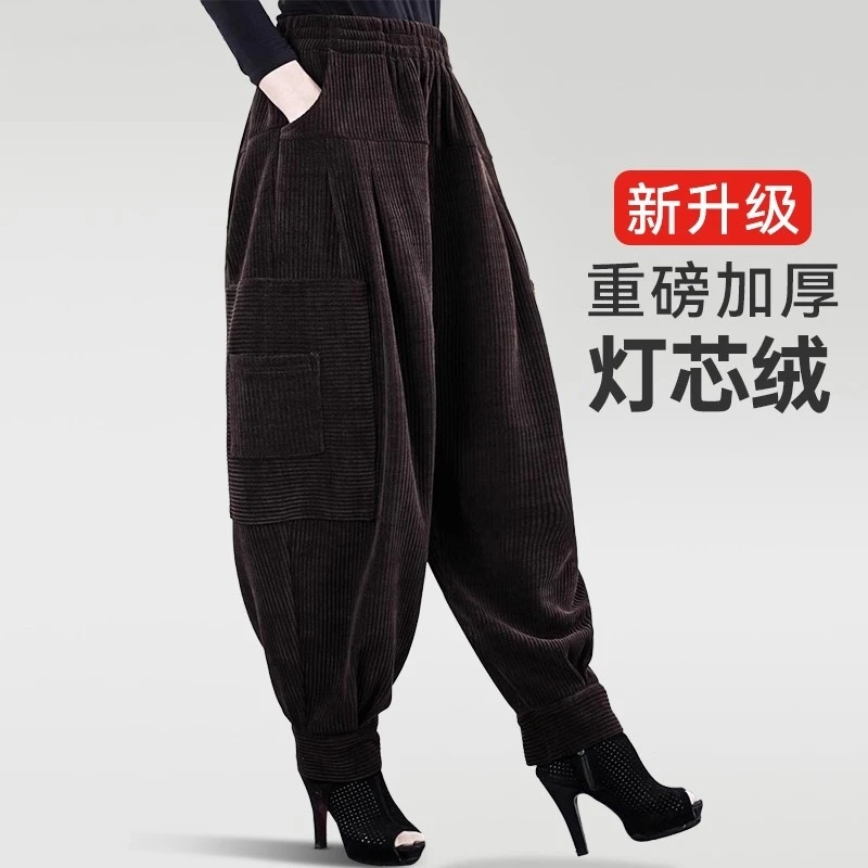 2025秋季新款咖色灯芯绒条绒显瘦洋气灯笼裤大女雪加厚显瘦哈伦裤