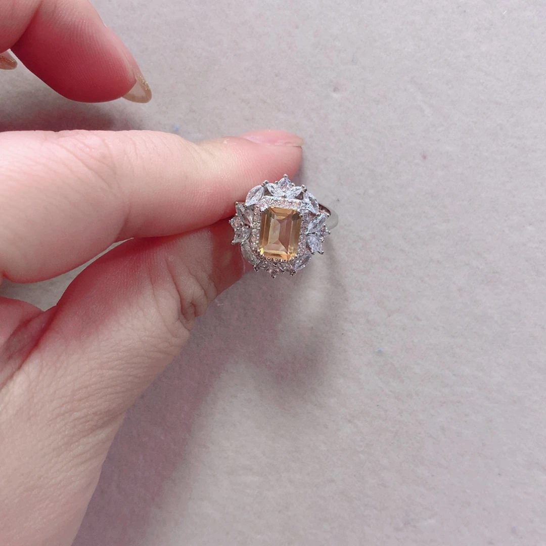 黄晶戒指银S925镶嵌允*儿国首质检 天然黄晶