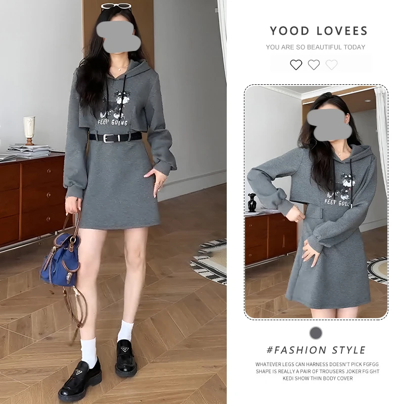 美式辣妹纯欲掐腰灰色长袖连衣裙女春秋梨型身材显瘦遮肚绝美裙子
