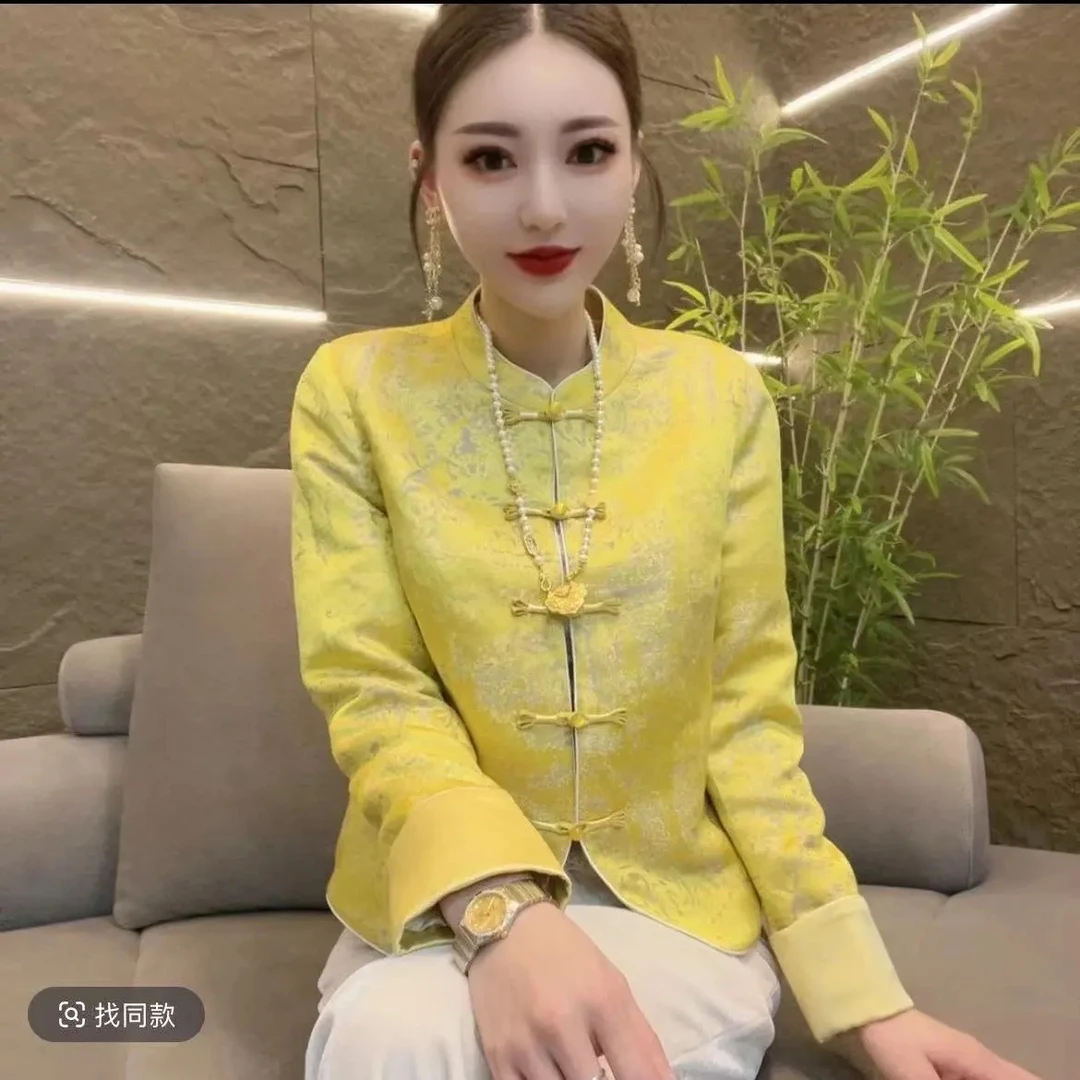 国潮风2025时尚新款复古唐装短外套女新年款盘扣国风提花中式上衣