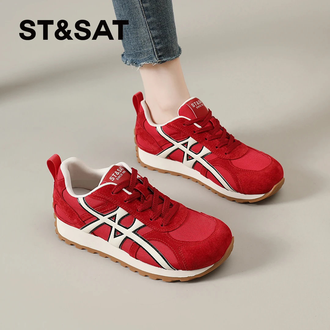 星期六红色德训鞋女2025秋季新款时尚百搭网面透气运动休闲女鞋子
