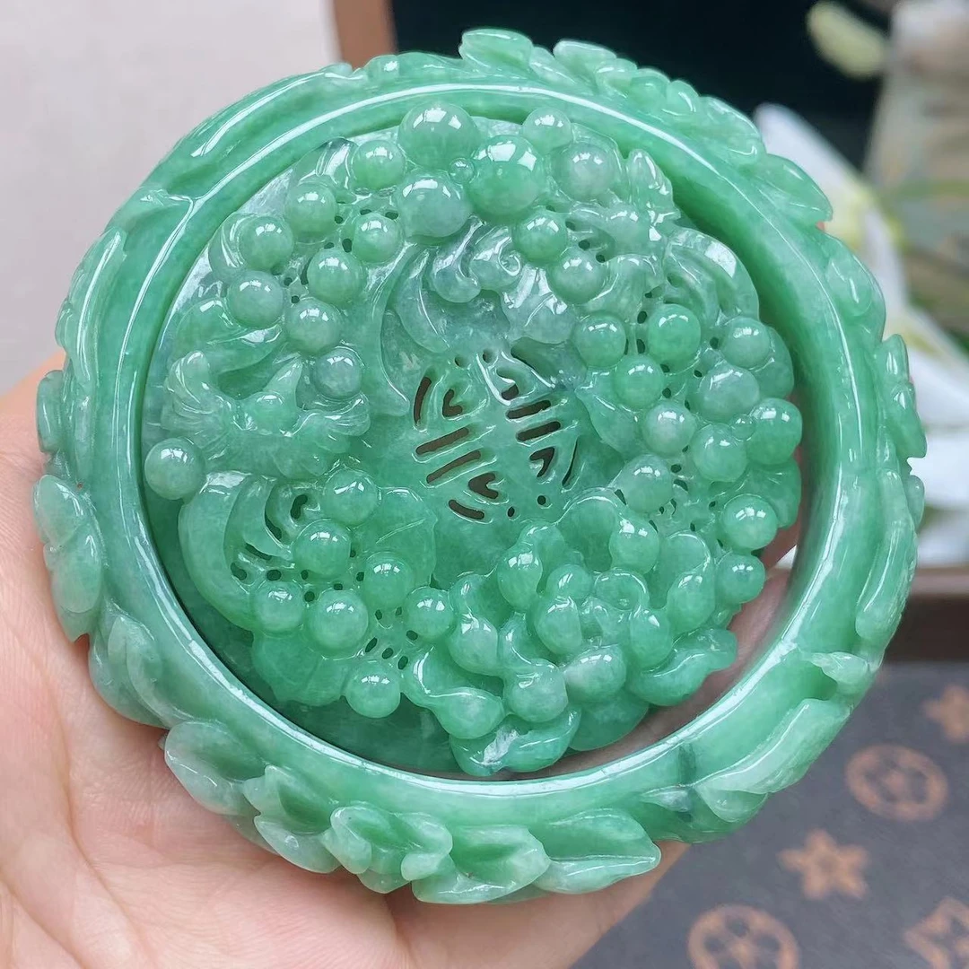 缅甸天然A货56.6圈口翡翠雕花手镯精雕满色套装绿色菠菜绿
