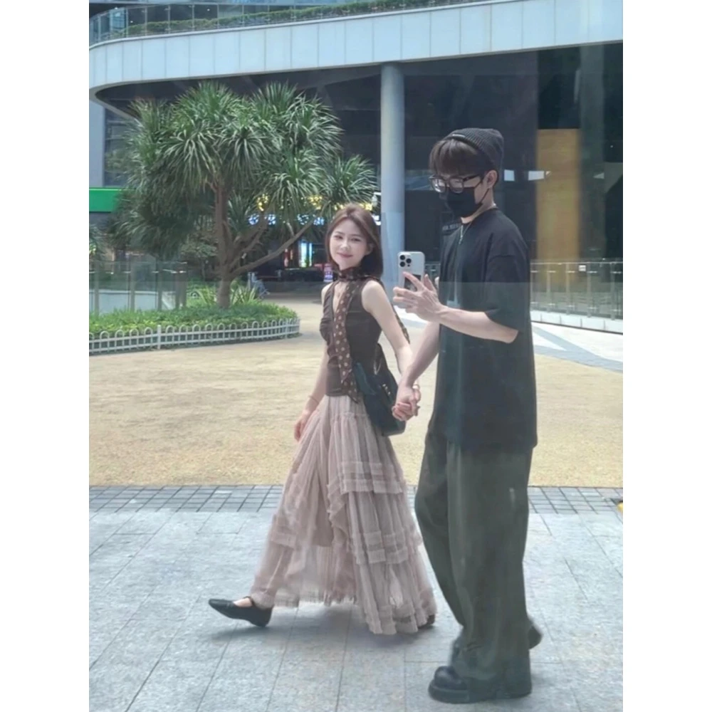 美式辣妹风设计感修身显瘦荡领背心女夏季新款复古A字蛋糕裙套装