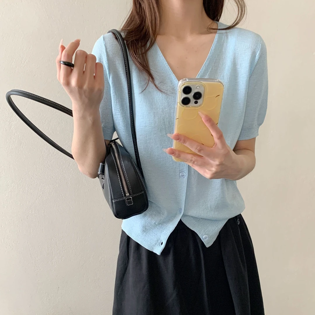 【素简.500129】春款上新云朵亚麻V领开衫短袖女装上新针织衫