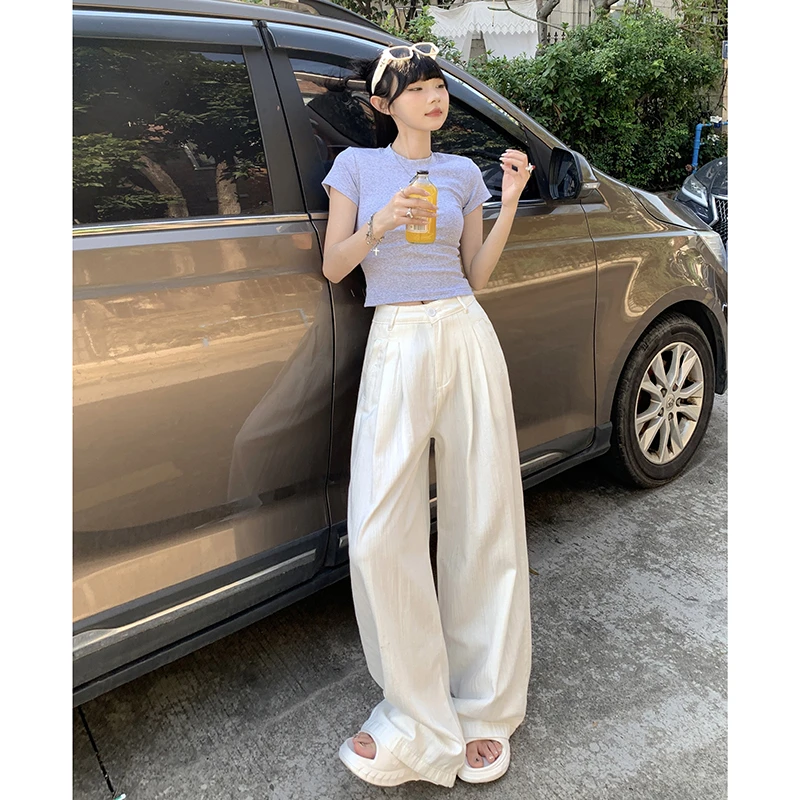 NORNLGGER美式复古白色牛仔裤女夏季新款款高腰垂感阔腿牛仔裤女