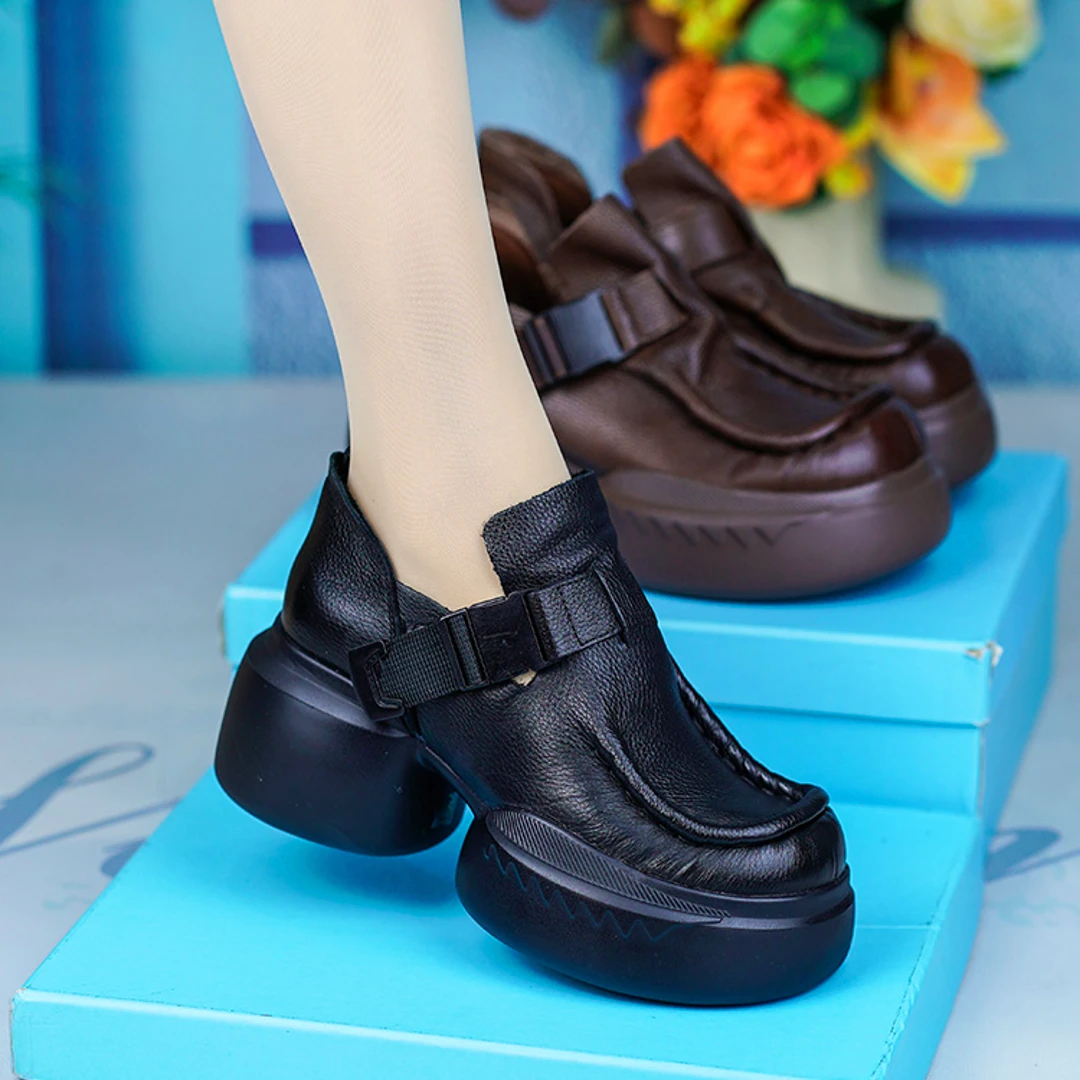 2359-1真皮单鞋纯牛皮松糕厚底圆头可调节皮带扣休闲百搭女鞋