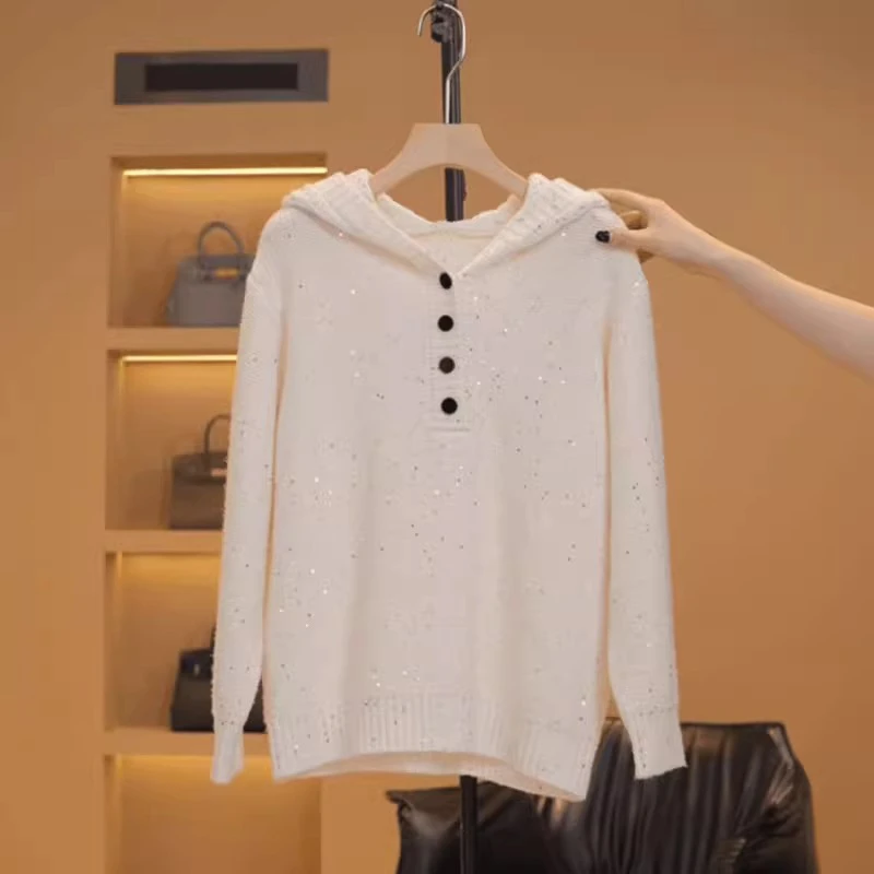 白色连帽毛衣女秋冬慵懒风宽松显瘦设计感重工亮片打底针织衫上衣