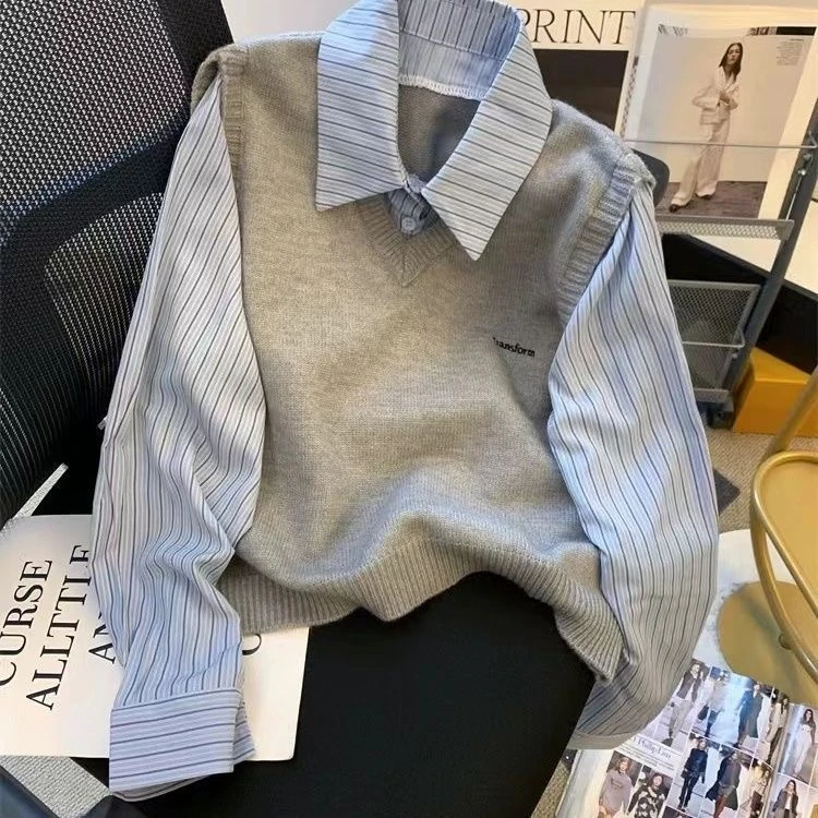 灰色针织毛衣ins拼接假两件条纹衬衫女韩系穿搭Polo开衫上衣春季