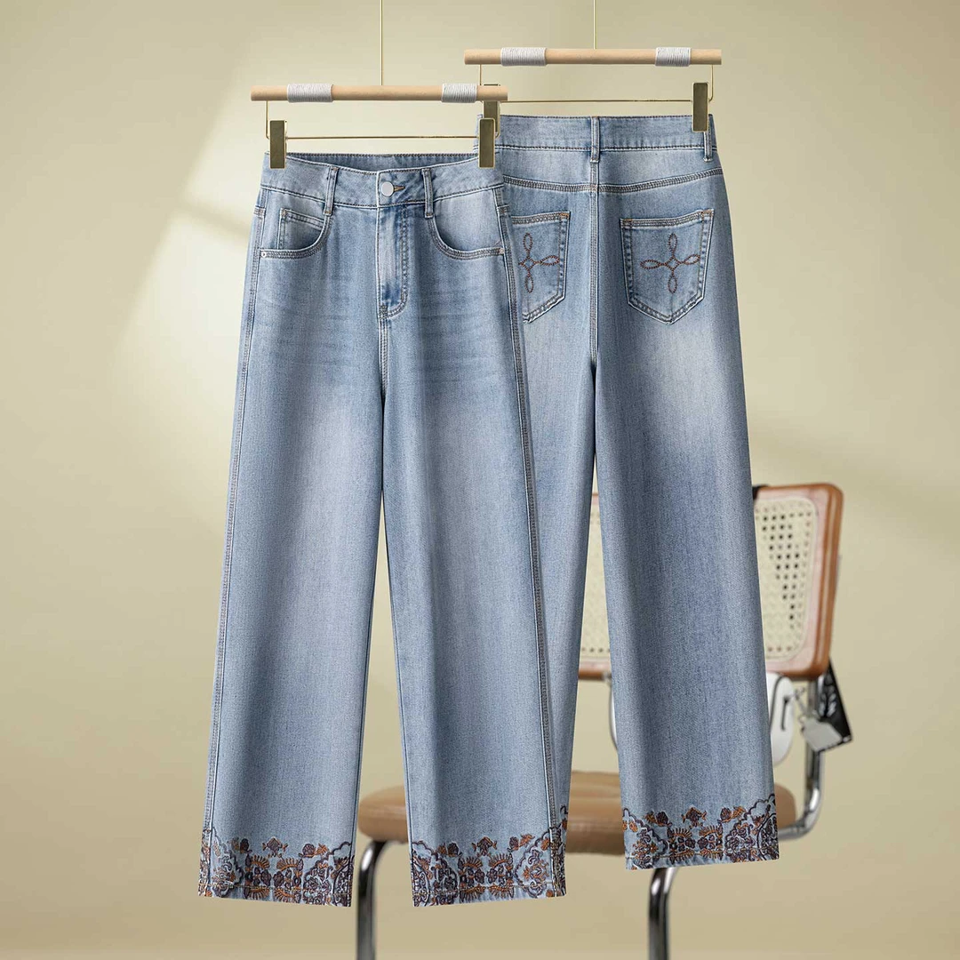 国风刺绣窄版阔腿牛仔裤女2025新款夏季薄款高腰宽松八分直筒裤子