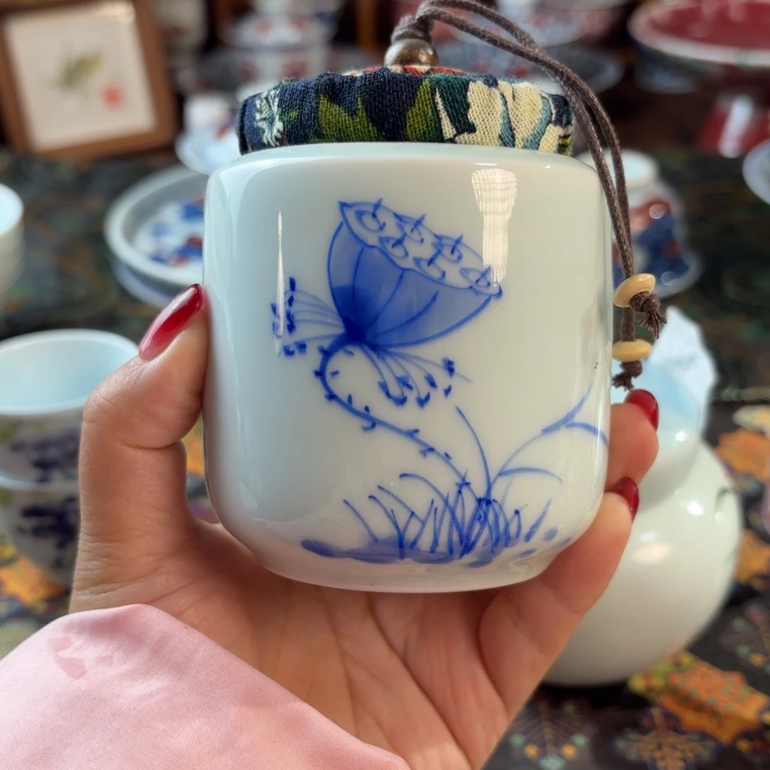 瓷默认微瑕青花手绘茶叶罐