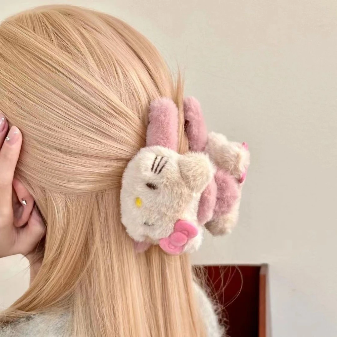 趣味可爱凯蒂猫毛绒抓夹双面kitty猫鲨鱼抓夹后脑勺盘发饰品新款