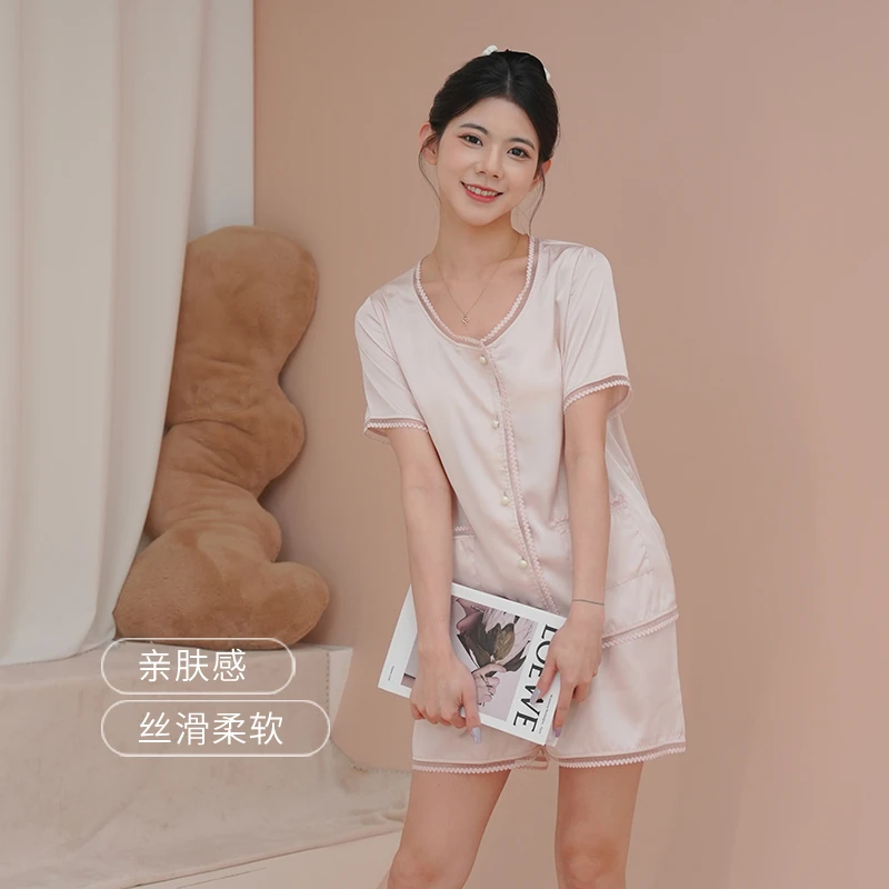 夏季衬衫领短裙短袖圆领成人睡衣透气女士舒适夏天三件套002+5283