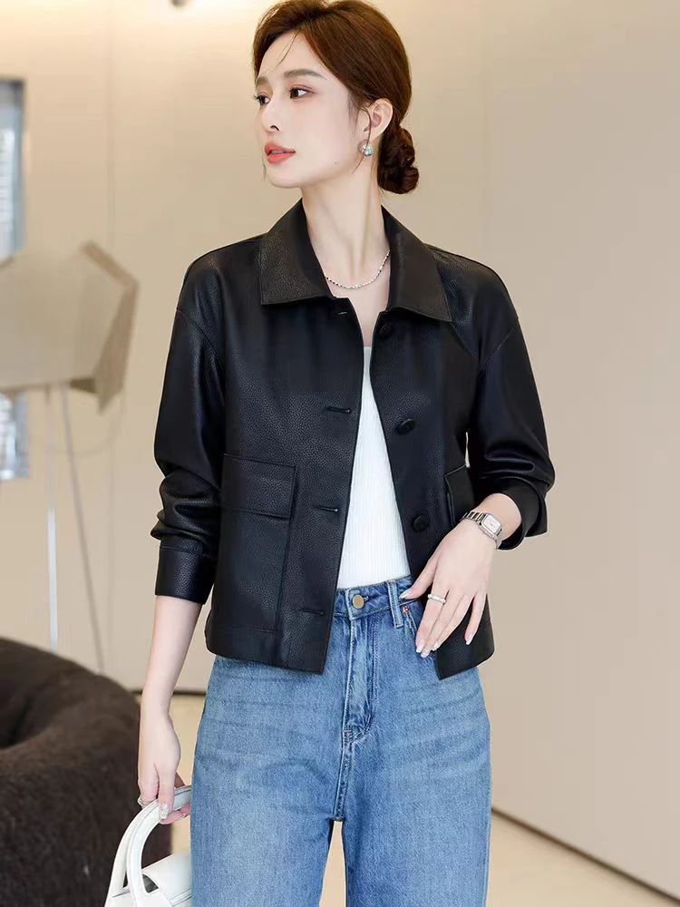 2025冬季真皮皮衣女短款直筒方领简约休闲夹克鹅绒服绵羊皮外套