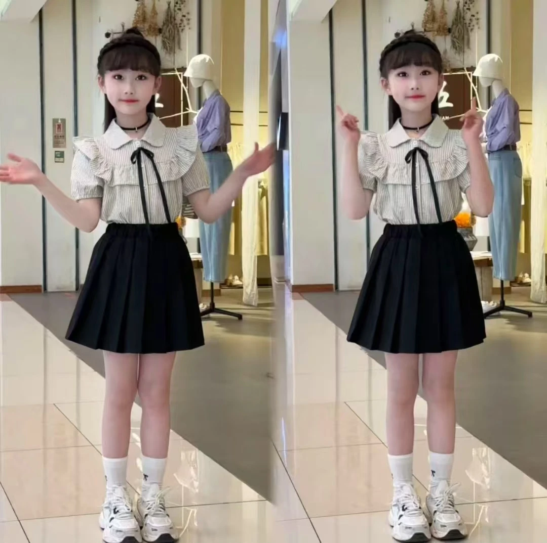 女童时尚洋气学院风夏季套装女孩童装小香风花边翻领蝴蝶甜美