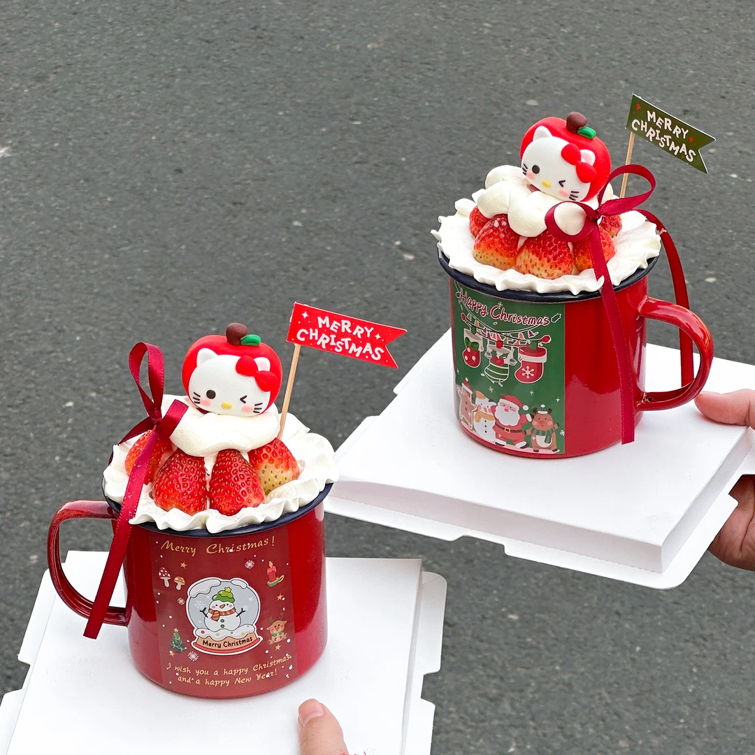 2026圣诞节红色搪瓷杯蛋糕装饰平安果小猫摆件圣诞快乐贴纸插件