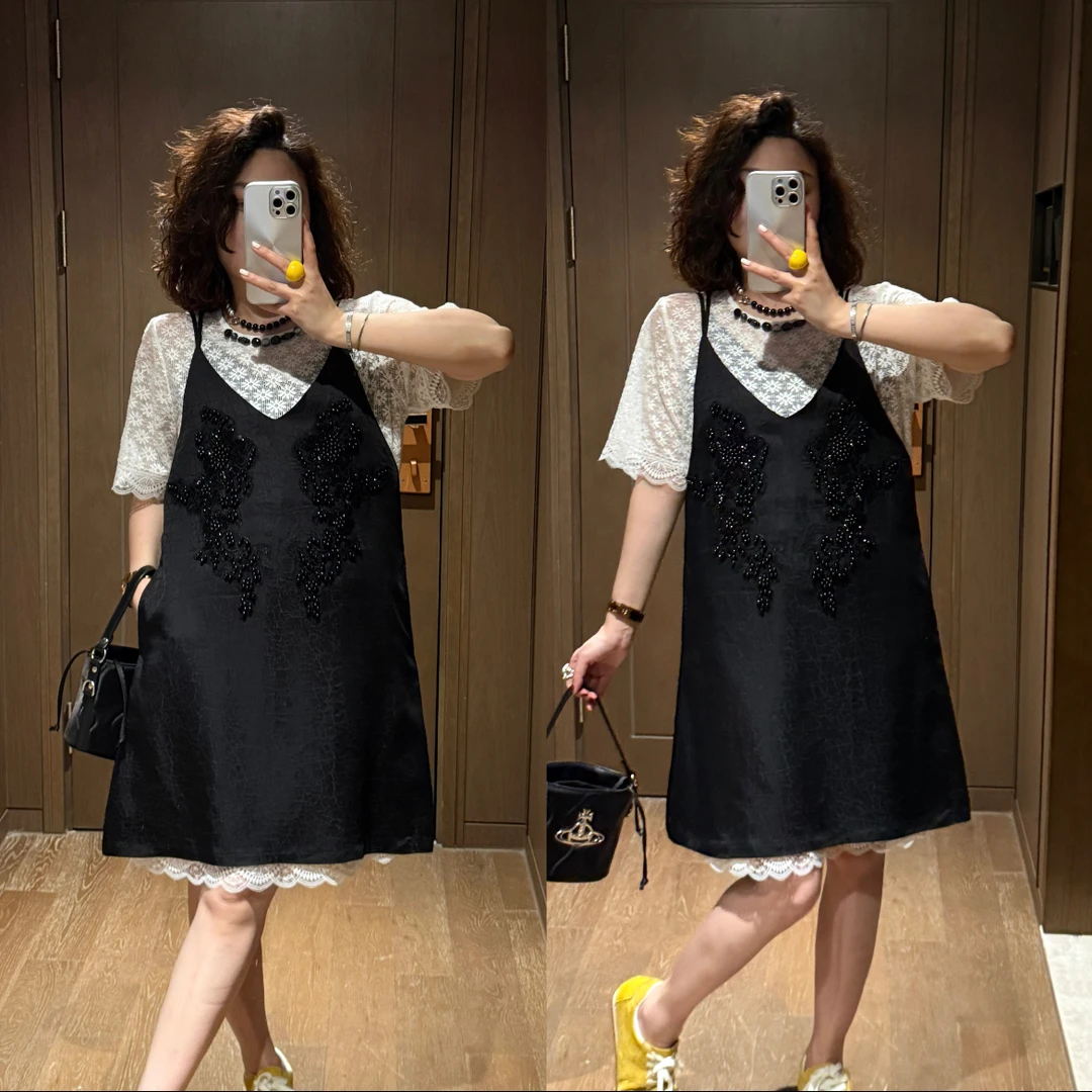 YDFSTUDIO小众【冰岛极光】高品蕾丝钩花设计连衣裙+钉珠吊带裙套装