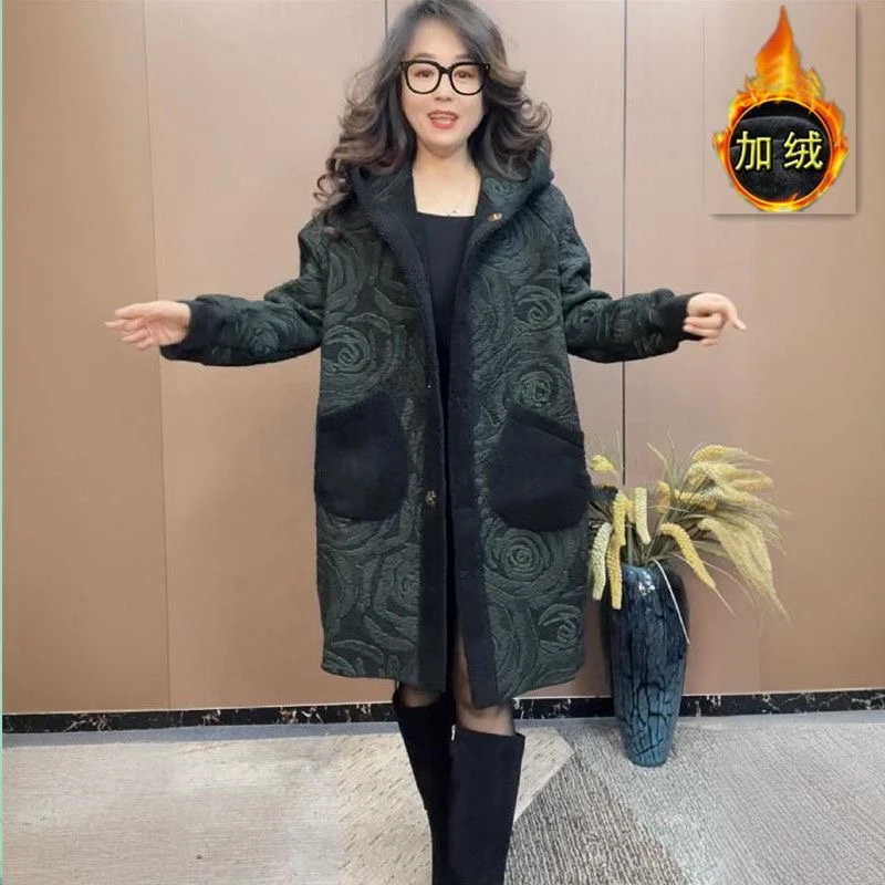 冬季妈妈装加厚保暖大码毛呢外套双面穿中老年时尚中长款加绒风衣