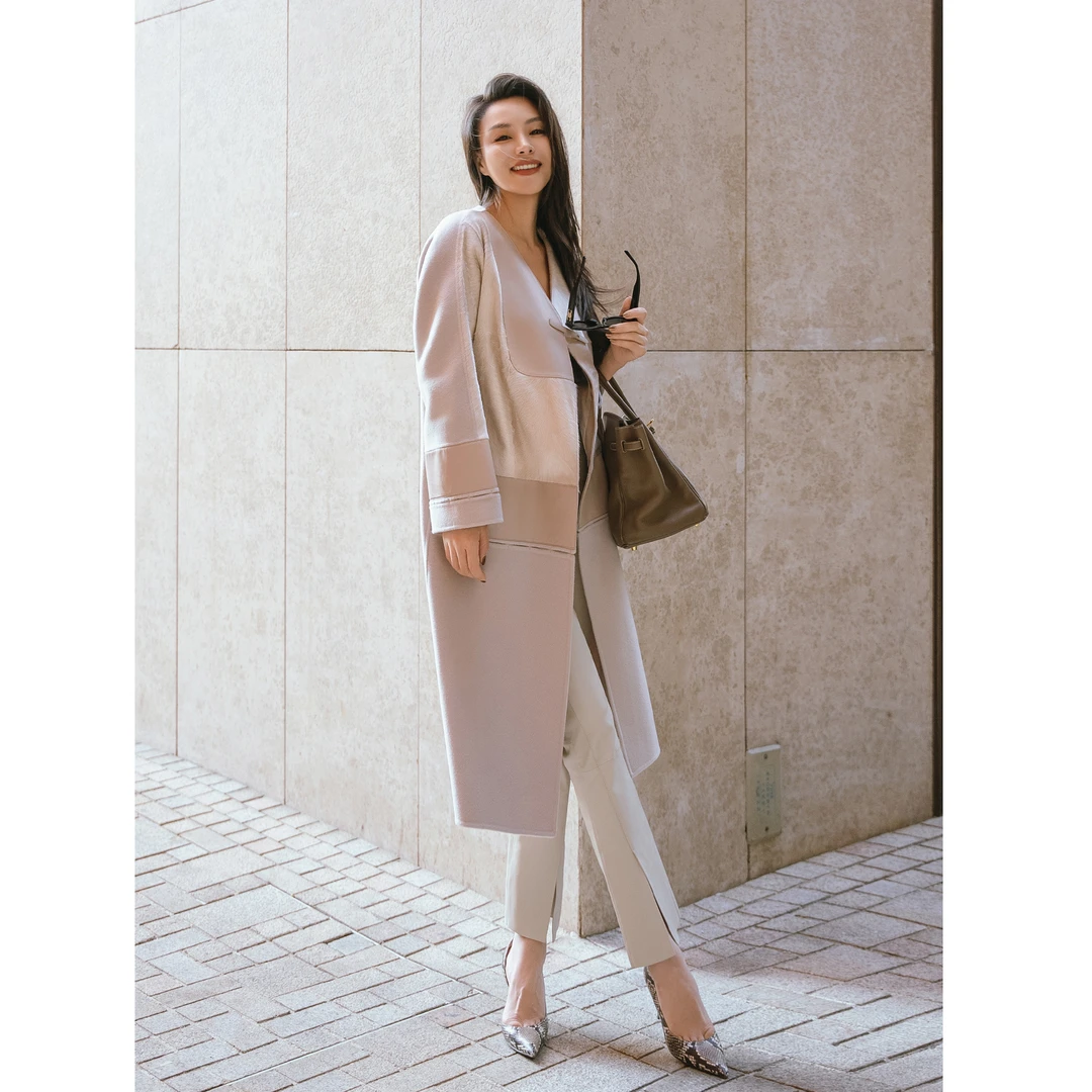 【YSU】“扶光”拼接长款大衣撞色盘扣气质毛呢大衣外套Y304368