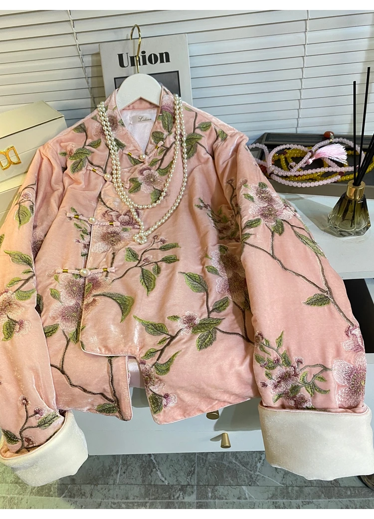 【黛夕】国风新中式秋冬外套夹棉重工丝绒刺绣棉服外套盘扣年轻款女