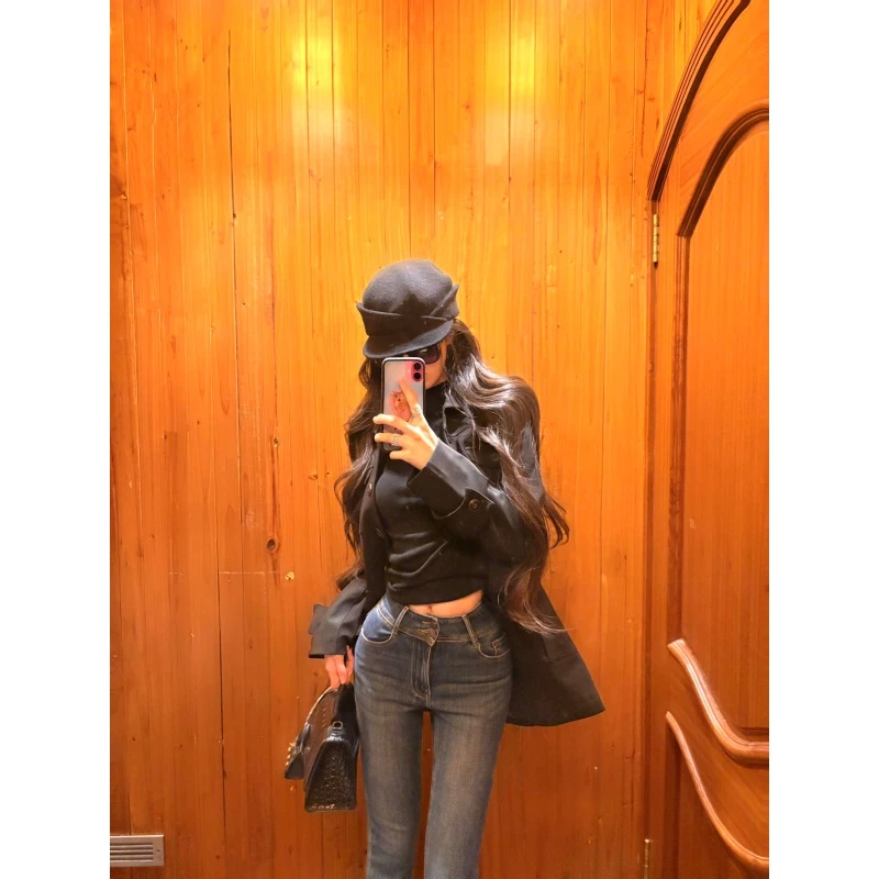 高级感黑色系带收腰呢子大衣气质修身夹克外套上衣复古微喇牛仔裤