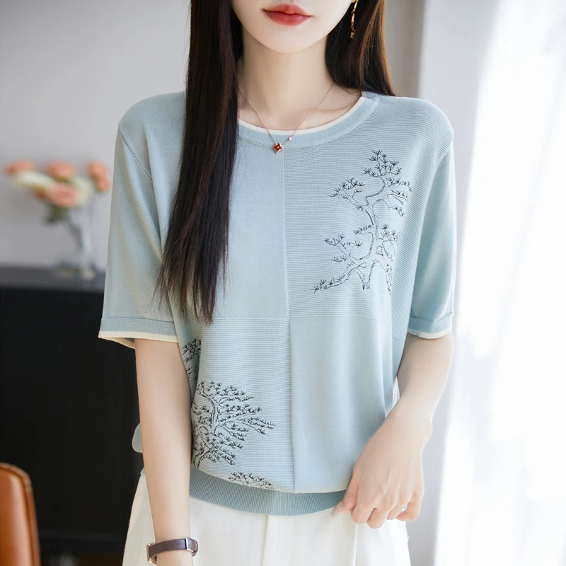 莱赛尔天丝提花圆领短袖女t恤夏季国风减龄宽松遮肚子时尚上衣