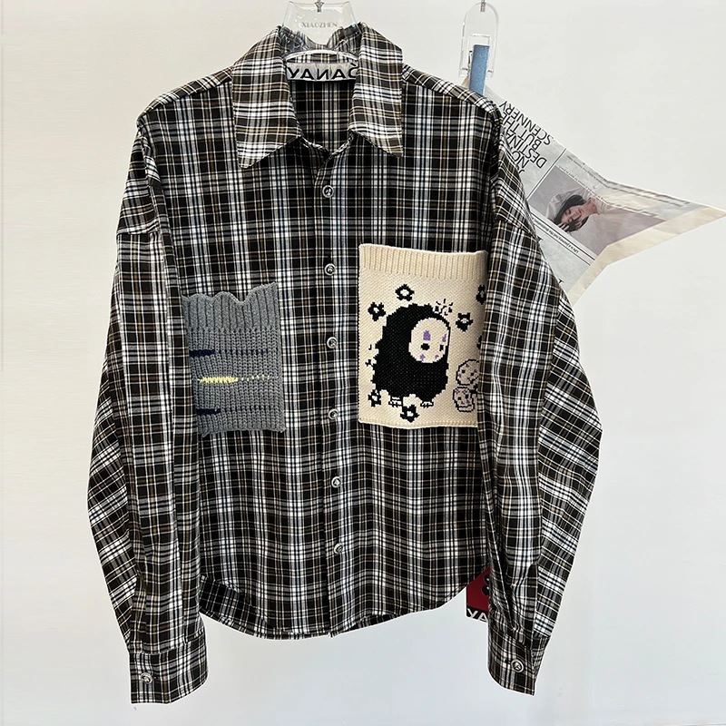 YANAG设计师款25SS春季新款不对称针织口袋休闲长袖衬衣格纹衬衫