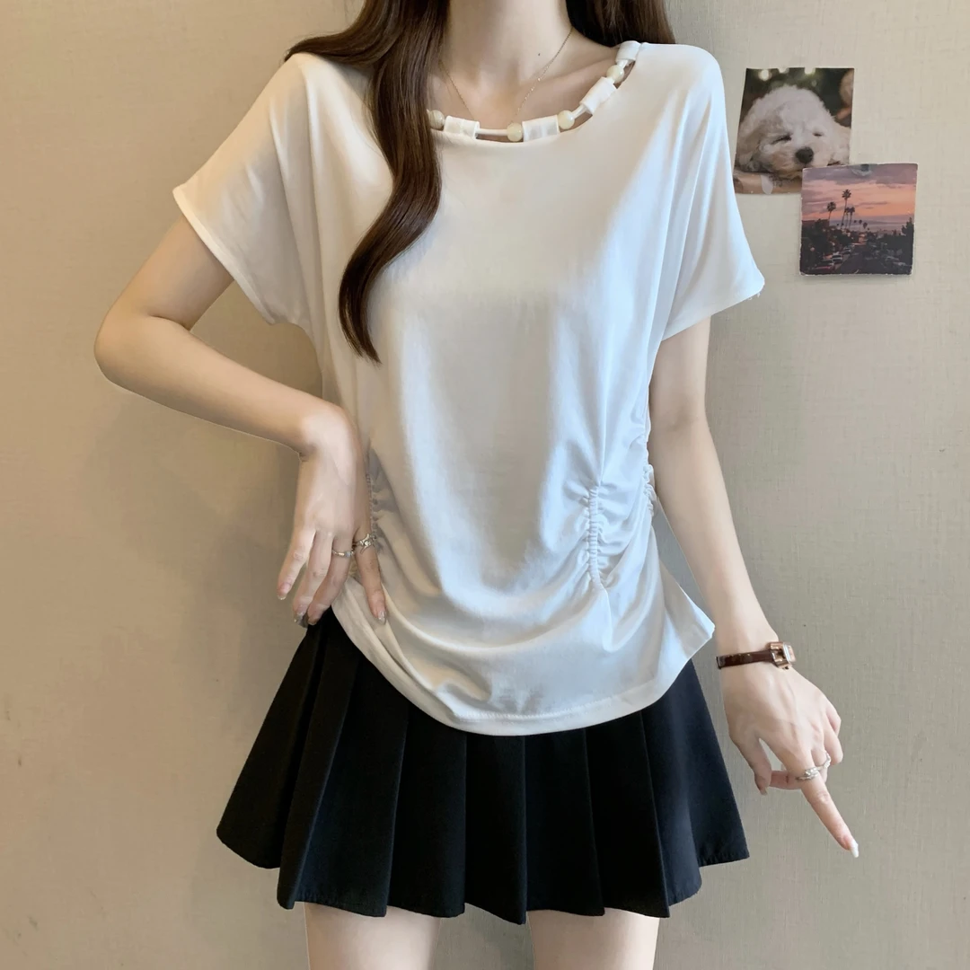 大码夏季串珠褶皱正肩短袖T恤女微胖妹妹设计感收腰气质百搭上衣