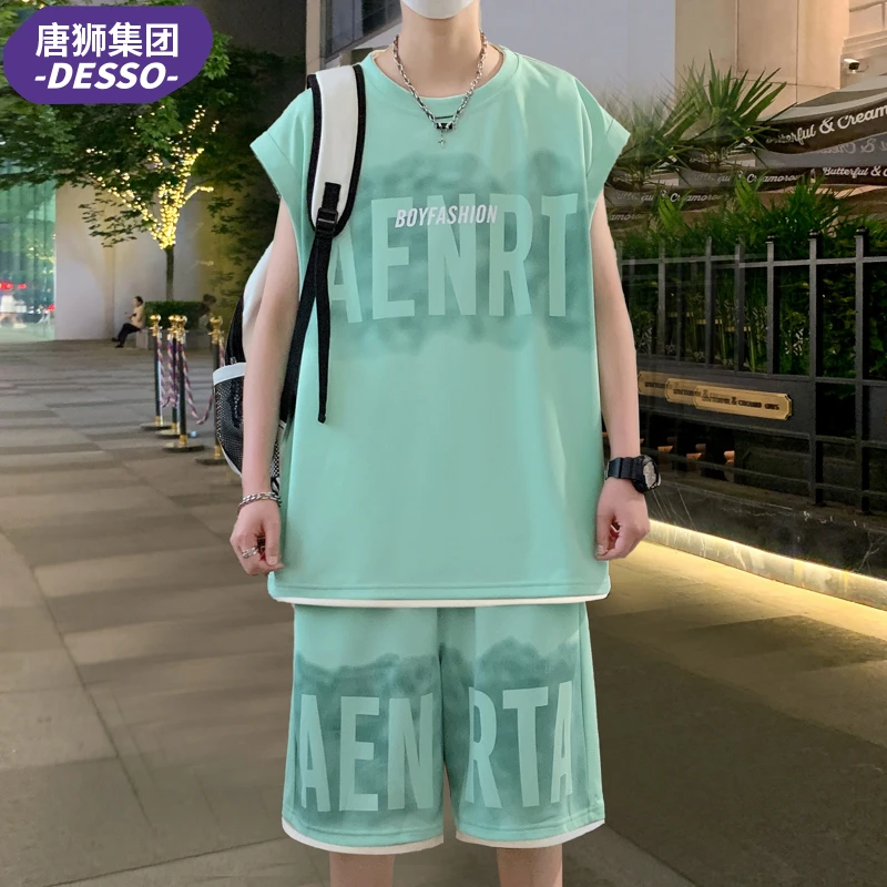唐狮集团DESSO青少年夏季宽松时尚休闲背心短裤潮流大码两件套男