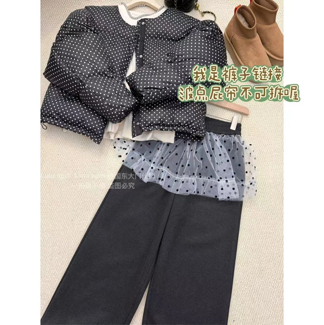 （波点屁帘裤）冬女新款波点蕾丝拼接直筒深灰高腰加厚阔腿长裤C303