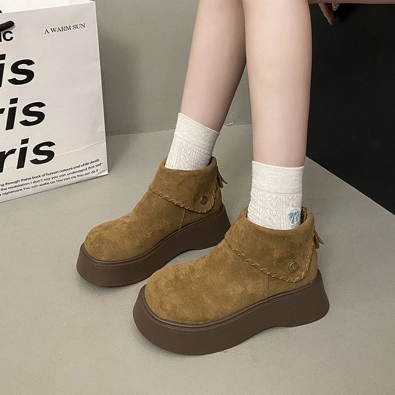 复古绒面勃肯短靴女2025秋冬新款百搭英伦风厚底增高加绒马丁靴子