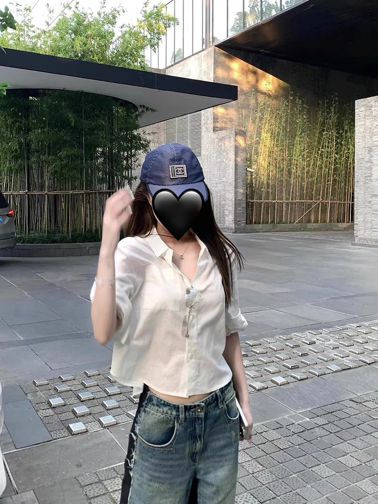 自洽简廓立体卷边袖小短款夏季新款短袖女生韩系ins衬衫