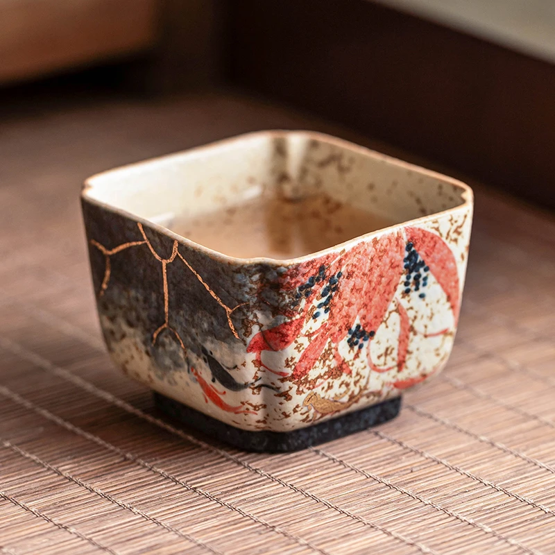 青花火石红陶瓷茶杯主人杯家用待客喝茶杯创意中式功夫茶盏四方杯