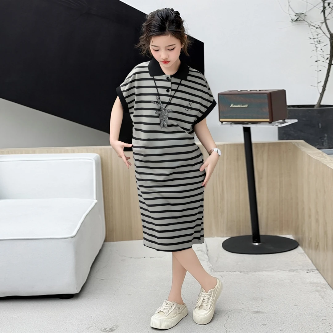 【芽梓制衣】夏季女大童条纹宽松韩版时尚连衣裙25Q024