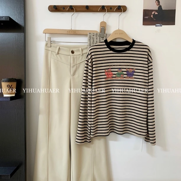 B韩国原单东大门小熊条纹长袖T恤宽松休闲百搭打底衫9929