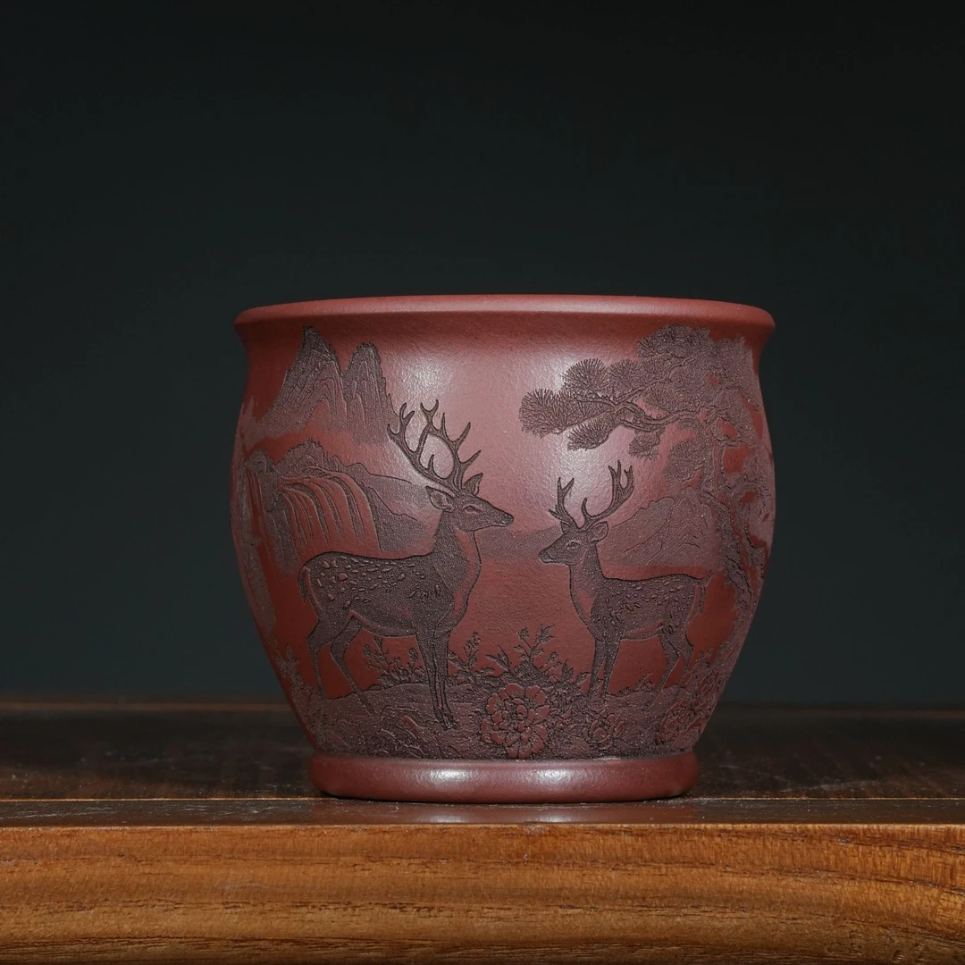 宜兴原矿龙血砂书法刻绘山水紫砂手工主人杯容量200CC