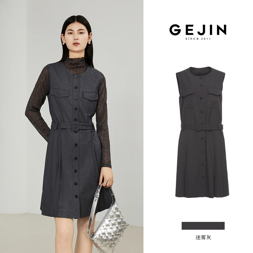 GEJIN/歌锦秋季新款修身显瘦缎面圆领无袖开衫连衣裙9332550412