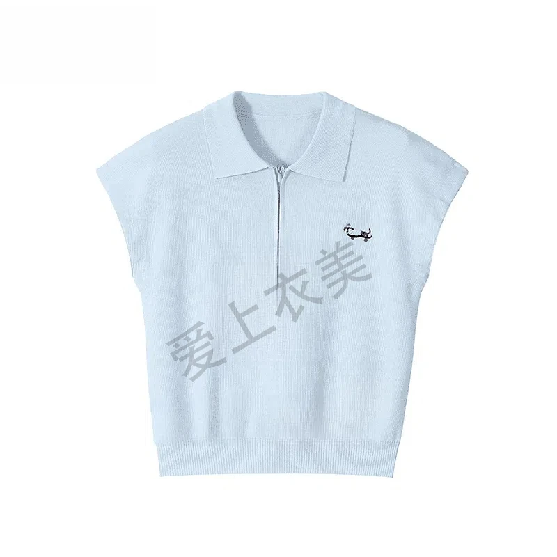 [佳佳很芒]蓝色半拉链polo领针织短袖t恤夏季小个子甜美气质短款