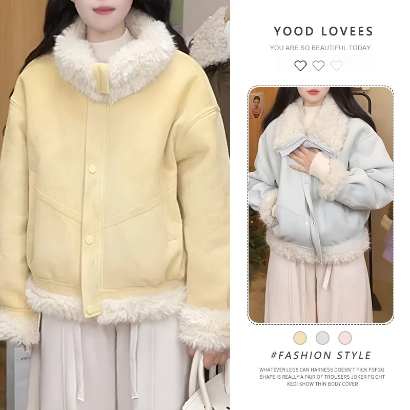 加绒加厚翻领外套女2025冬季新款宽松短款气质保暖上衣时尚女装