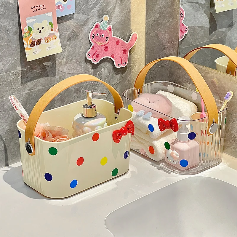 高颜值波点手提篮多巴胺收纳篮大容量户外菜篮子沥水浴室洗澡篮