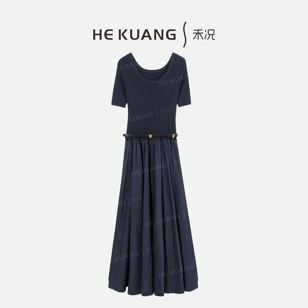 禾况HEKUANG【藏青玄素】纯色高级感典雅时尚连衣裙 L652 0337