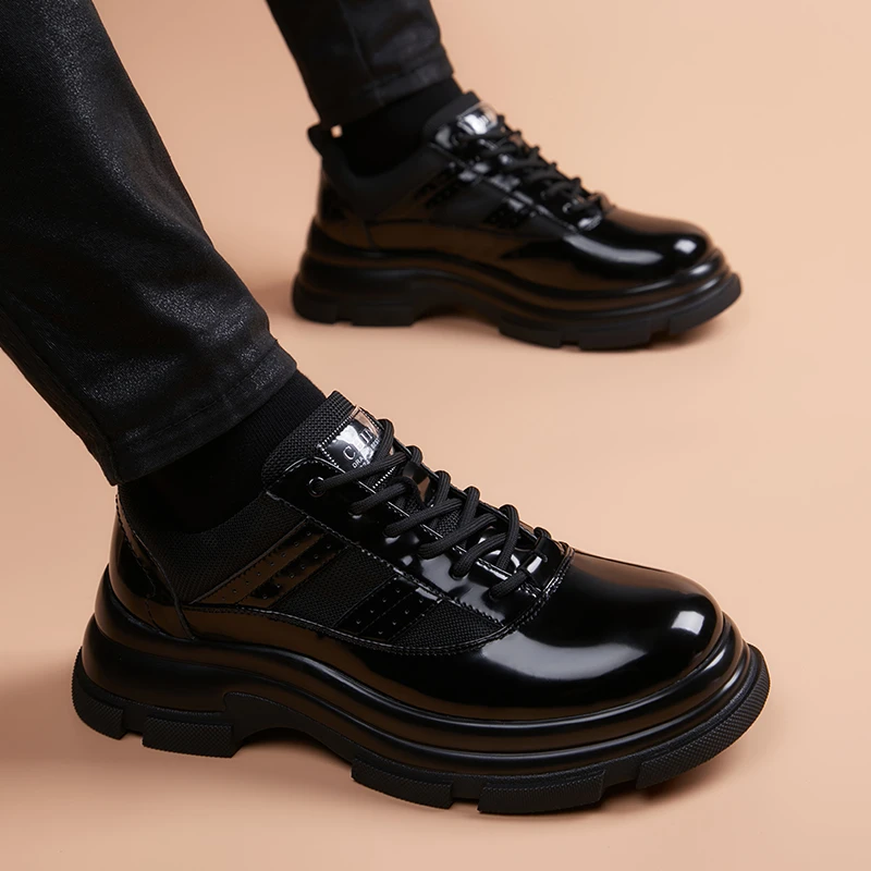 皮鞋男休闲英伦风厚底增高通勤黑色商务正装潮流百搭圆头皮鞋