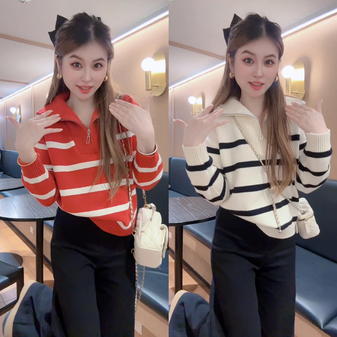 条纹女毛针织衫女款加厚条纹毛衣慵懒风宽松百搭毛衣女套头