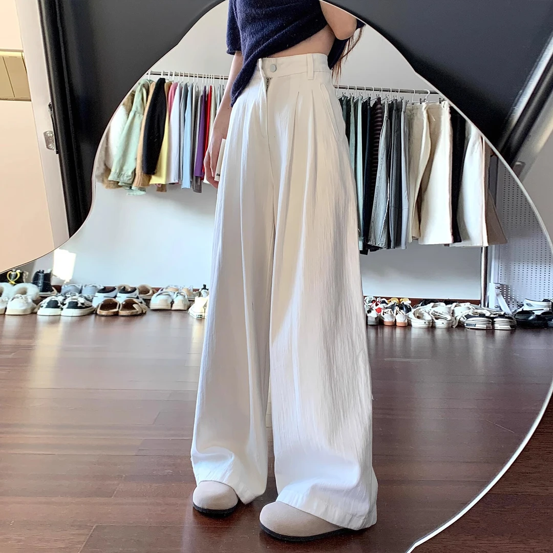 白色高腰阔腿牛仔裤女2025春夏新款褶皱宽松直筒显瘦垂感拖地裤子