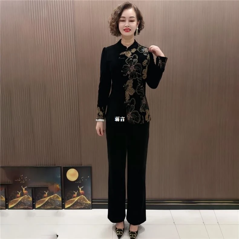 开衫外套妈妈气质中老年丝绒民族秋冬长袖宽松风高端大码旗袍上衣