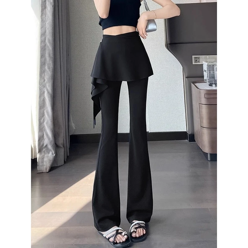 2025秋季新款高腰显瘦微喇叭裤女修身设计感假两件马蹄长裤子